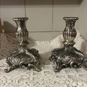 Vintage Ornate Silver Tone Metal Taper Candle Holders Set of Two
